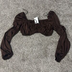 H & M brown silk crop peasant top